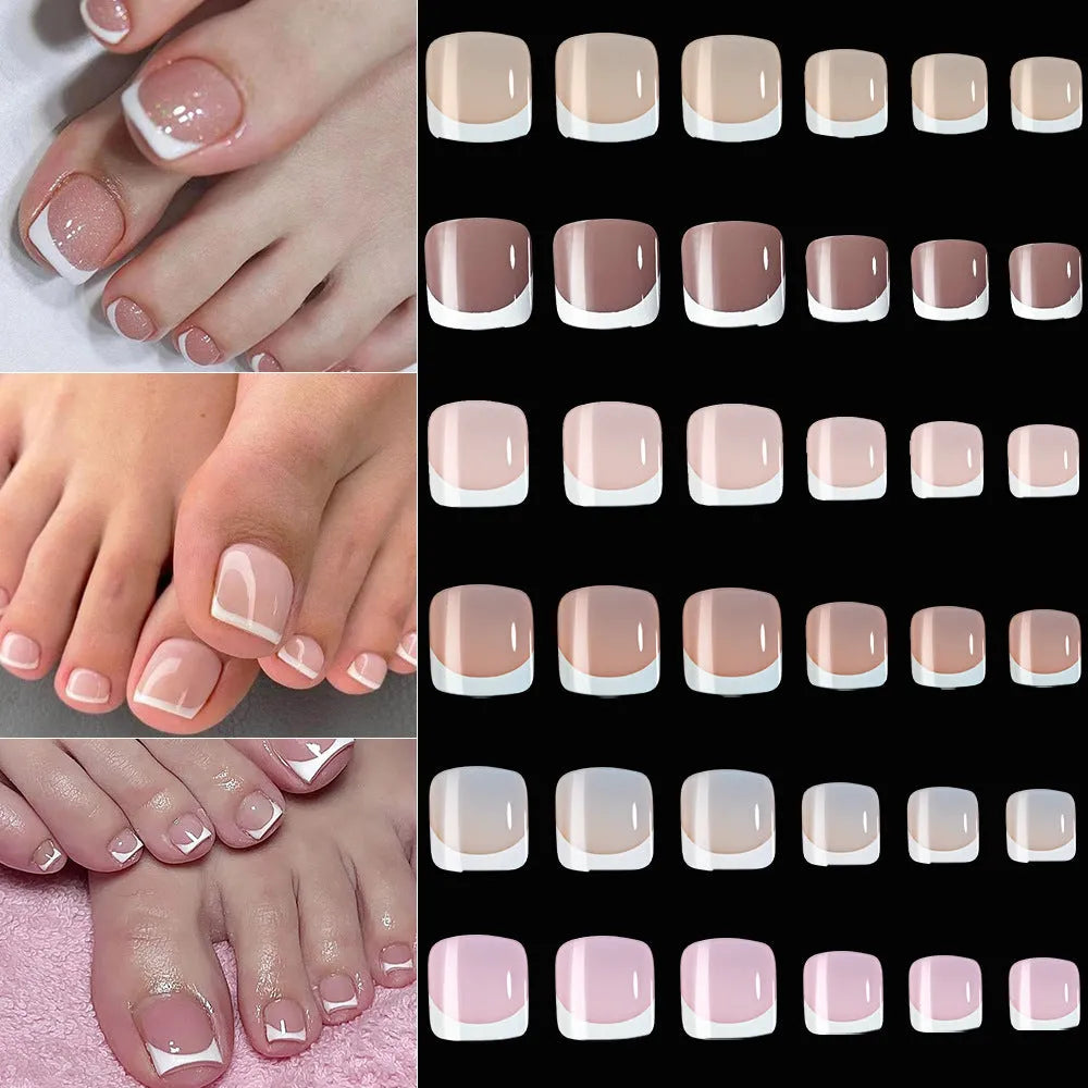 120 pieces box of French white edge short full square toe nail pieces for ladies in multiple colours