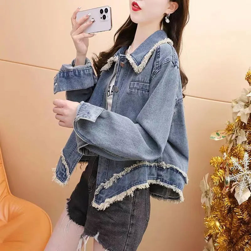 Short blue chenille denim jacket for women with long sleeves, designed for petite frames, shown in front view on white background