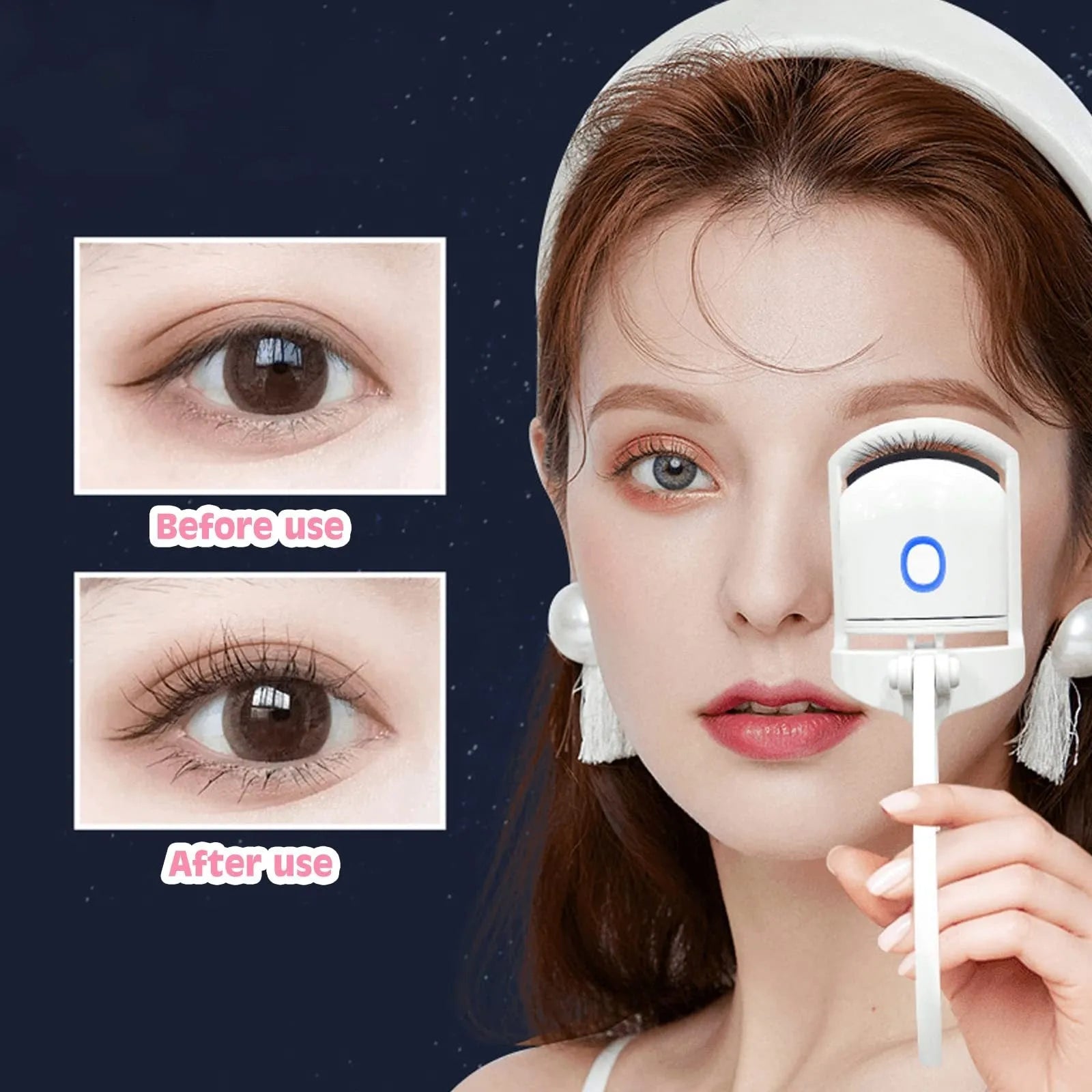 White and pink USB rechargeable heated eyelash curler with dual temperature settings.