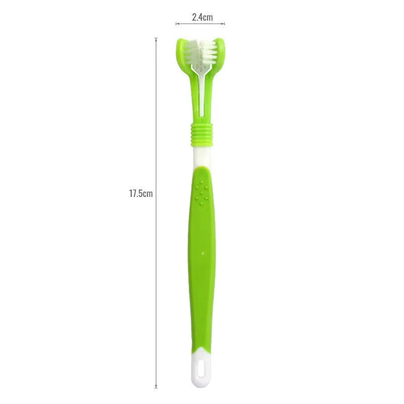 Three-head plastic pet toothbrush in 175x24x15mm size for oral cleaning, available in five colours