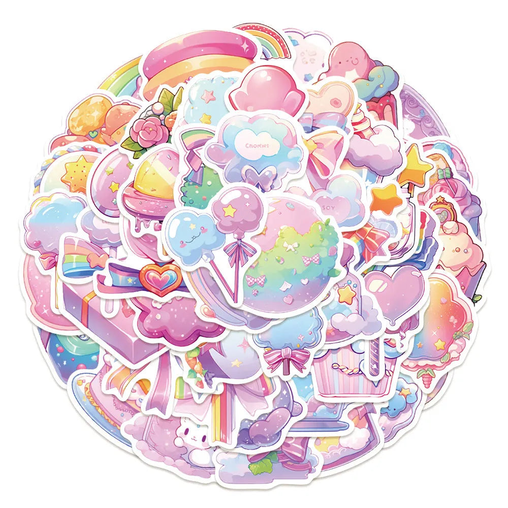 Pack of 50 fresh candy small object decorative waterproof stickers, each measuring between 4 and 7 cm.
