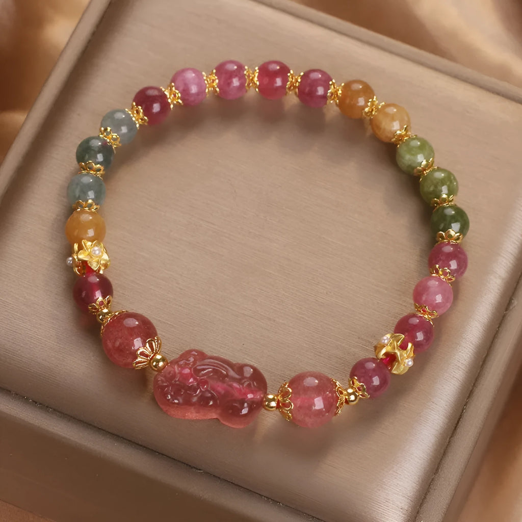 Women's strawberry quartz and pink tourmaline bracelet with electroplated metal chain, 17 cm length