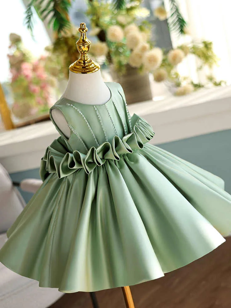 Girls' fruit green satin sleeveless slim-fit party dress on white background, multiple height options
