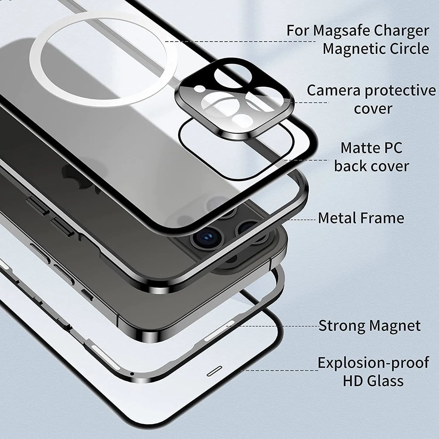 HD Magnetic Card Buckle Protective Cover Metal Case for iPhone 16 series in silver with card attached to magnetic holder.