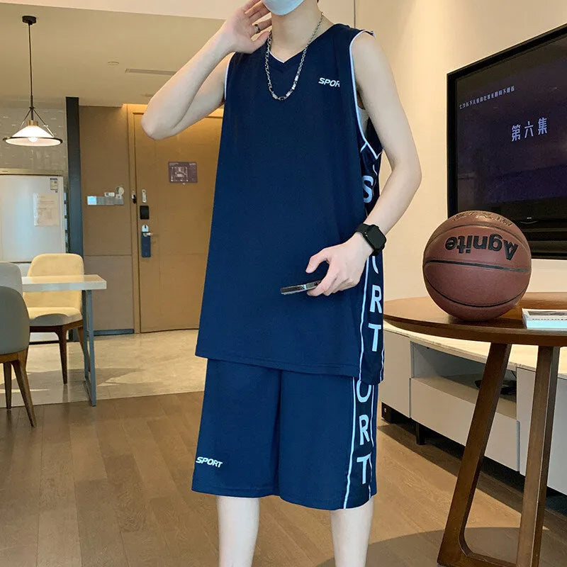 Men's black polyester basketball sports suit consisting of a sleeveless vest top and matching shorts.