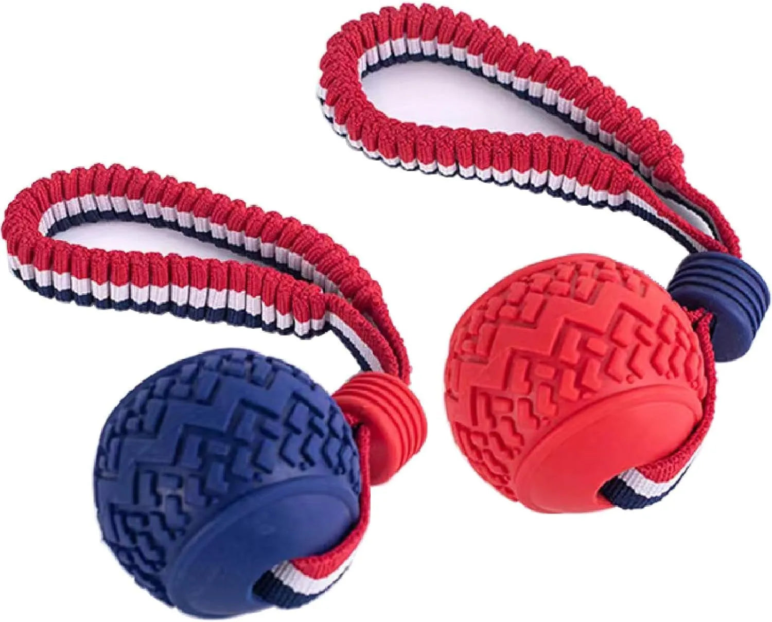 Blue dog ball with rope toy showing textured surface and cotton rope attachment