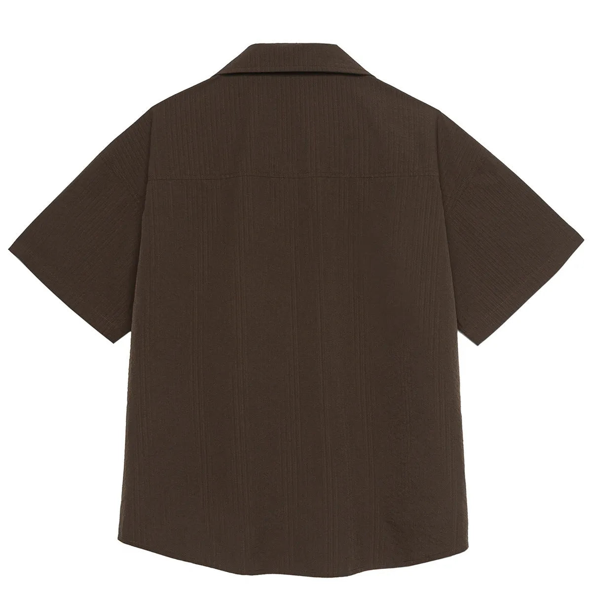 Brown striped outdoor short sleeve shirt with Cuban collar on a hanger.
