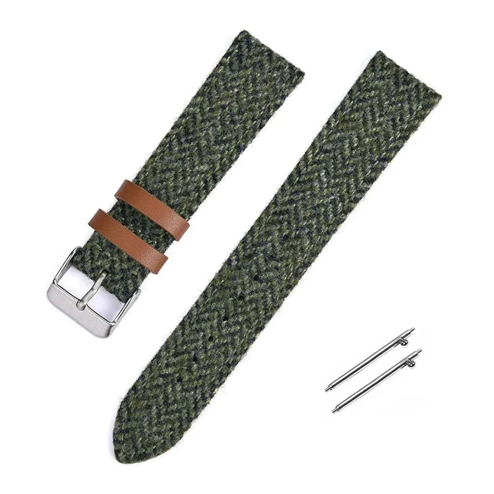 Harris woolen fabric watch strap in khaki with leather lining and stainless steel buckle, 20mm width