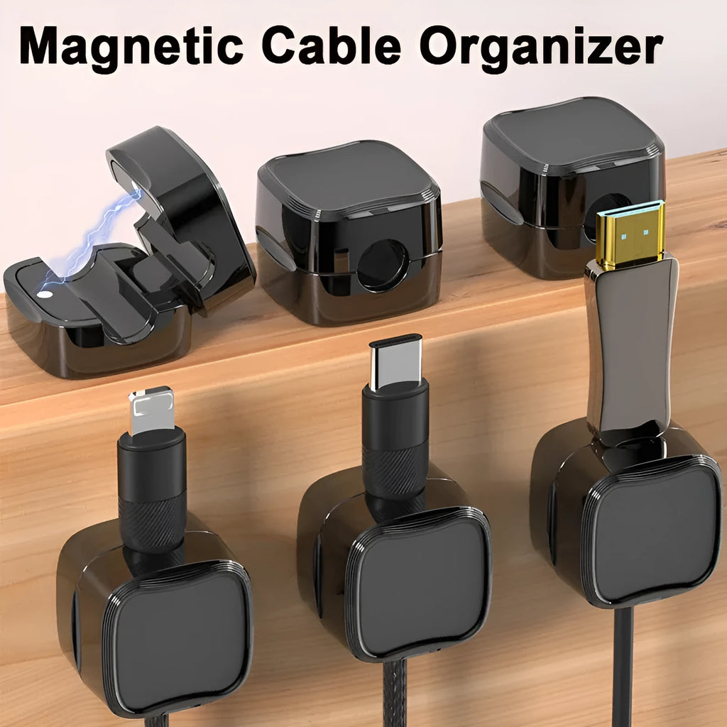 Magnetic cable management clips in white and black with adhesive backing