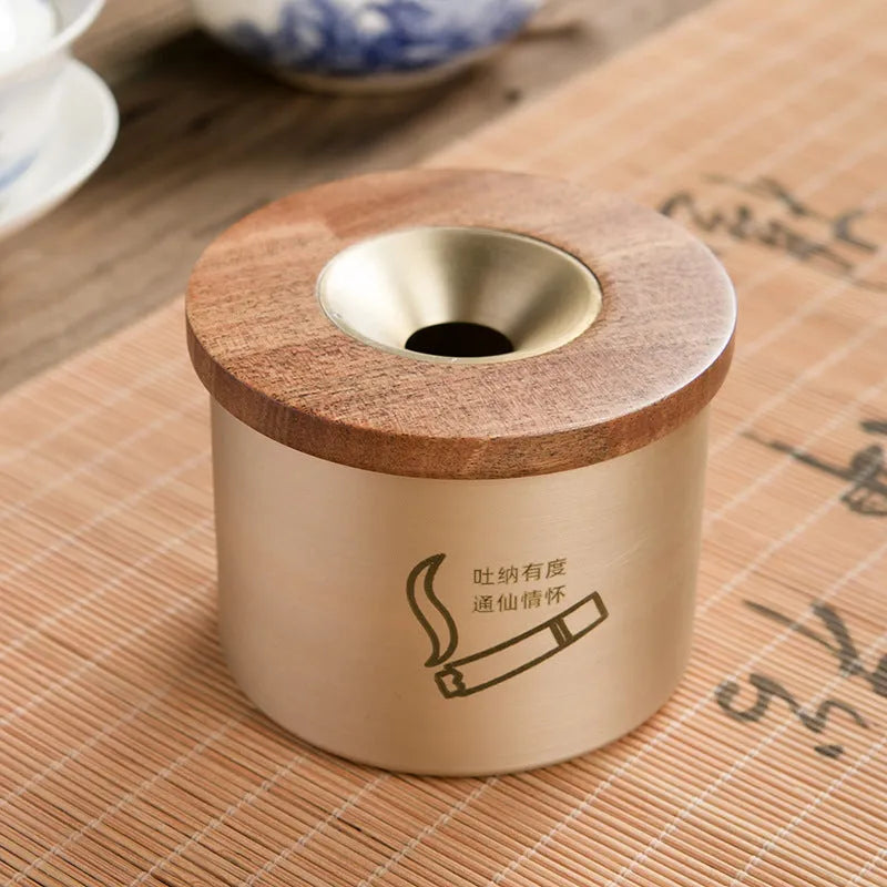 Retro brass ashtray with wooden lid and centre hole, solid copper construction for indoor smoking