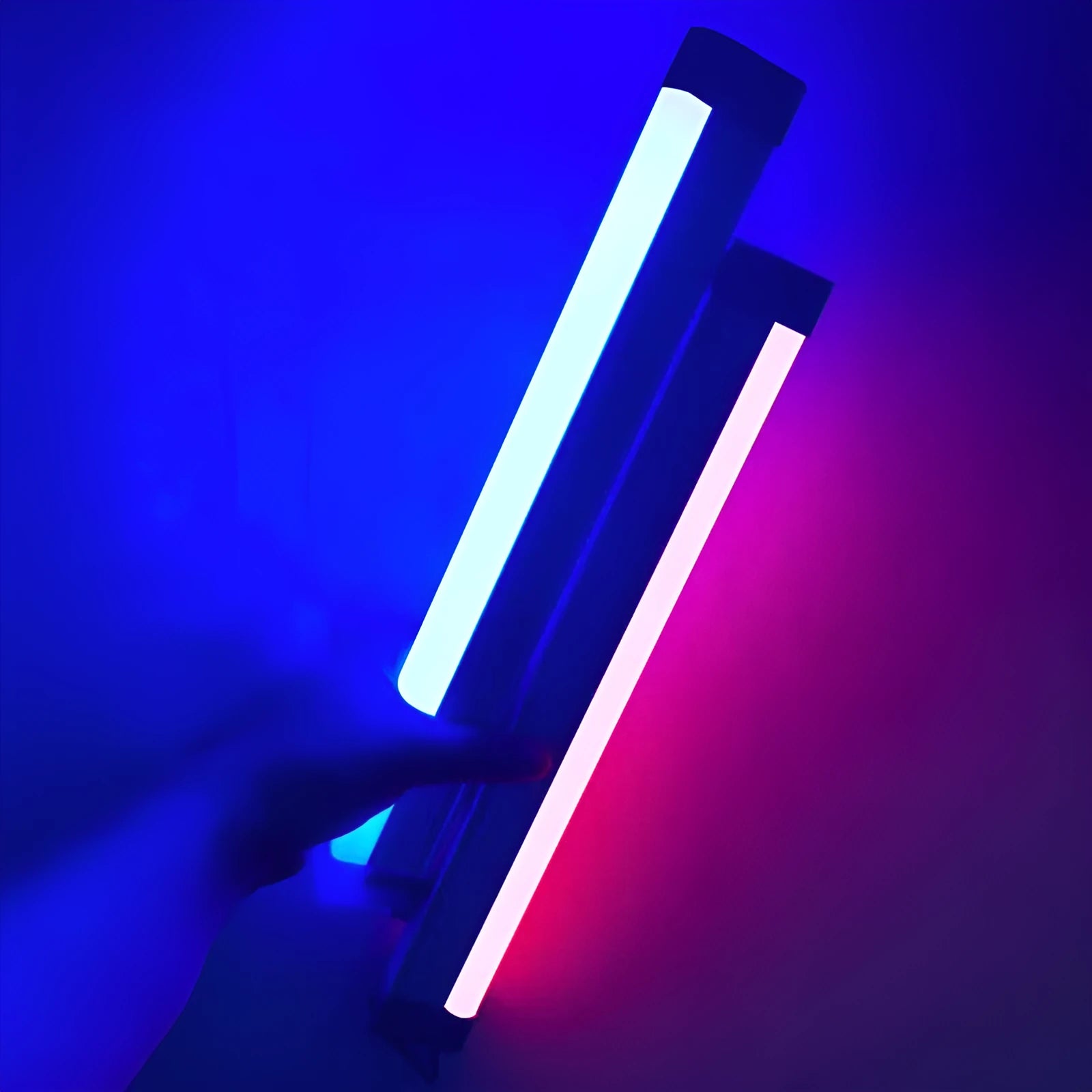 Rechargeable LED tube night light in blue and purple colours with USB charging cable