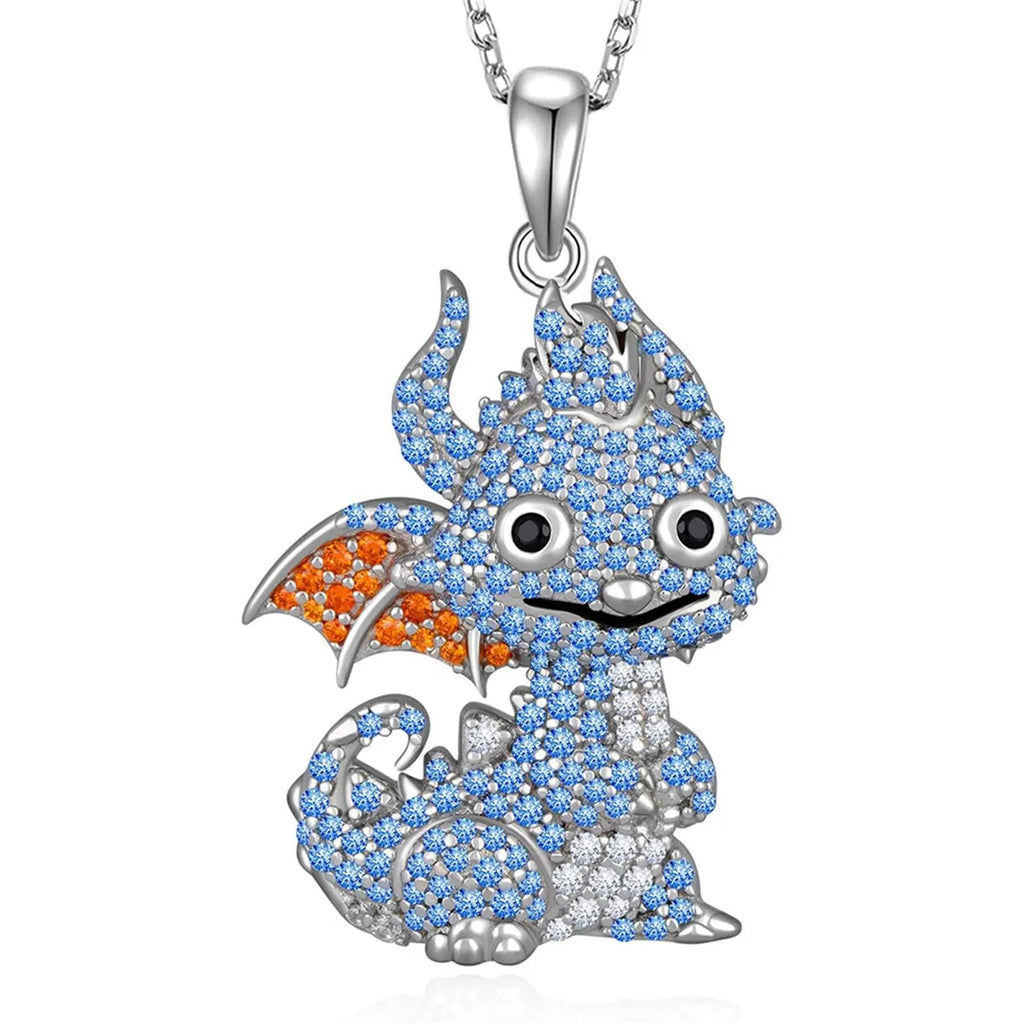 Blue zircon flying dragon pendant necklace on O-ring chain, zinc alloy, 50cm length