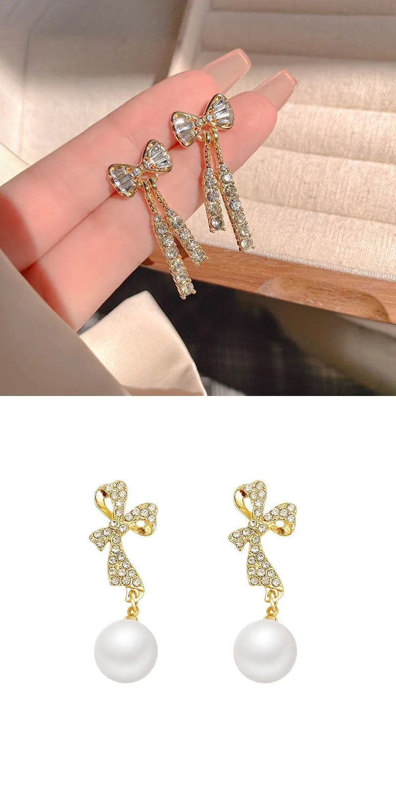 Gold butterfly earrings with rhinestones and bow element on alloy base