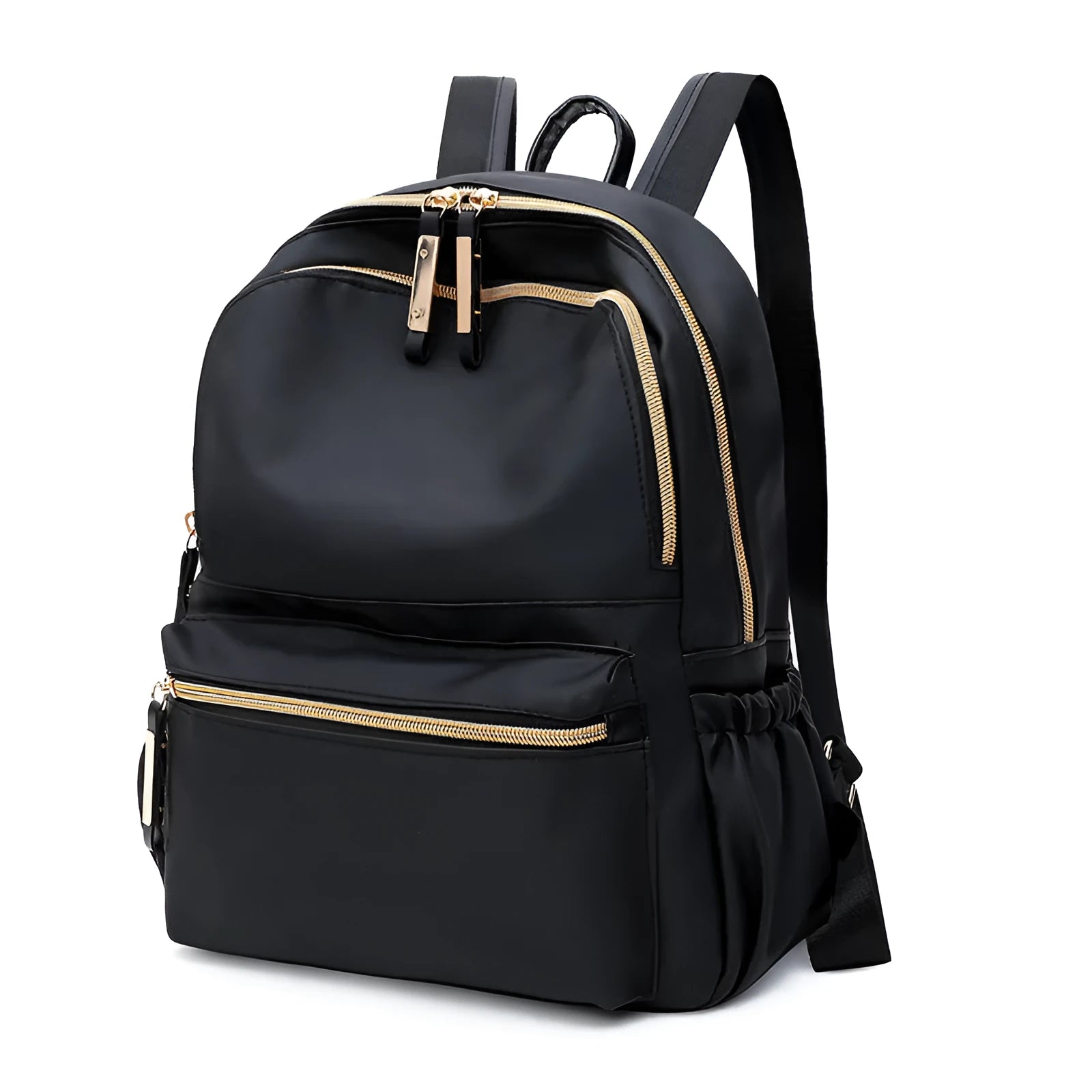 Black waterproof Oxford cloth backpack for women, 34x26x13cm, with two straps and front pocket on plain background