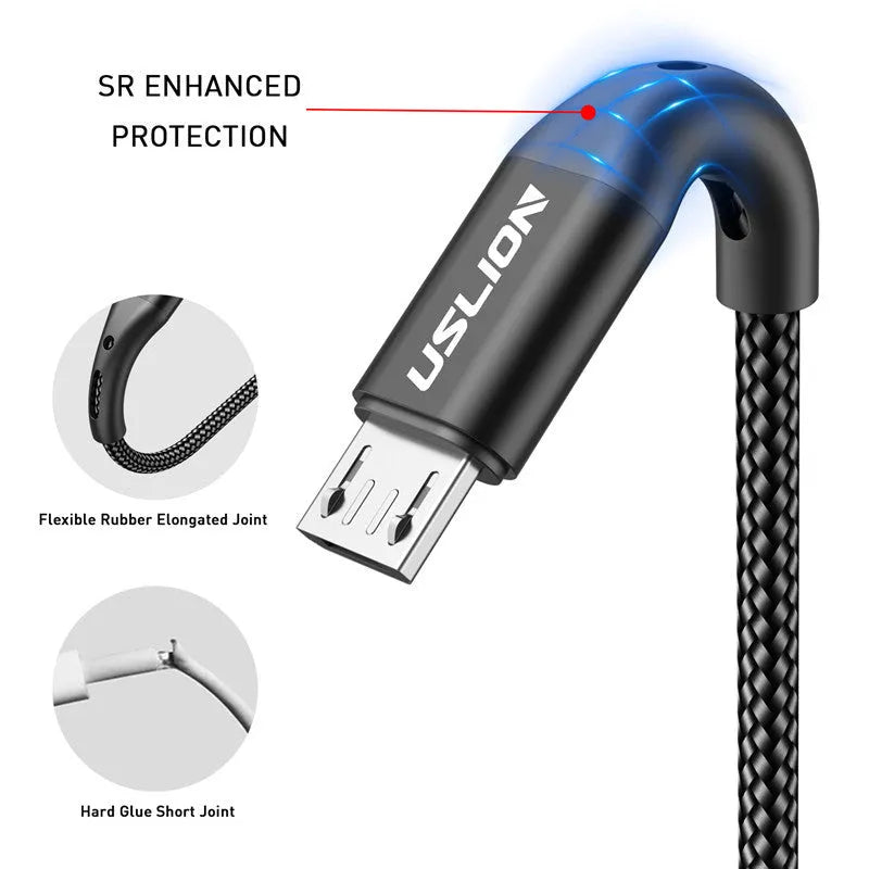 Nylon braided Micro USB charging cable in Black with alloy joint, 3A fast charging support, on a white background