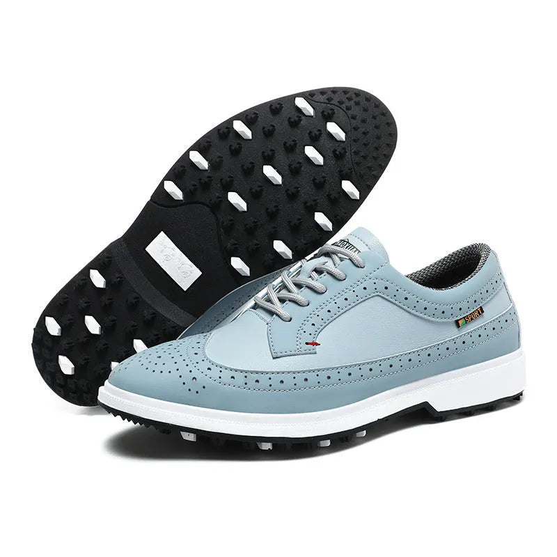 Men's genuine leather golf shoe in lake blue with non-slip rubber outsole.