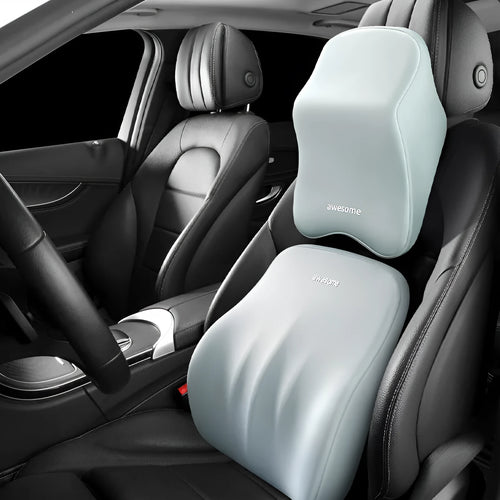 Memory foam car lumbar pillow and headrest set with geometric pattern in black, grey, green, or pink options