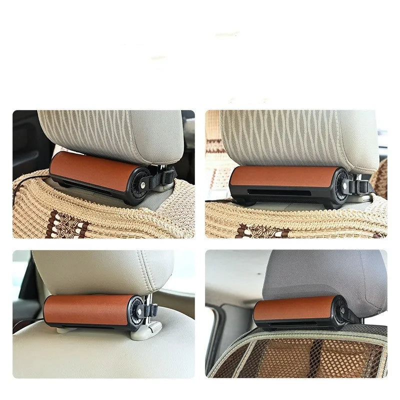 Compact black bladeless car fan with USB power cord, shown for rear vehicle ventilation.