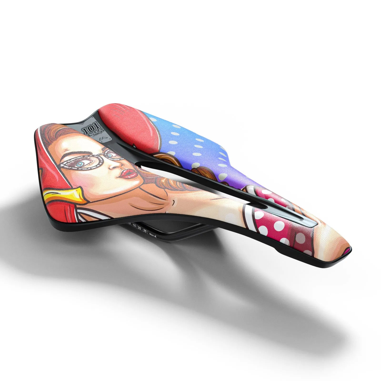 Ultra-light EVA cushion bike saddle with hollow design in PU leather, shown in multiple colour options.