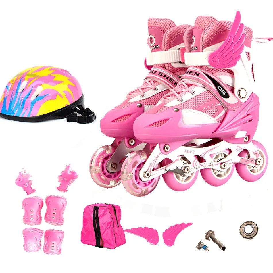 Children's adjustable roller skates with protective gear in yellow, red, blue, black or pink