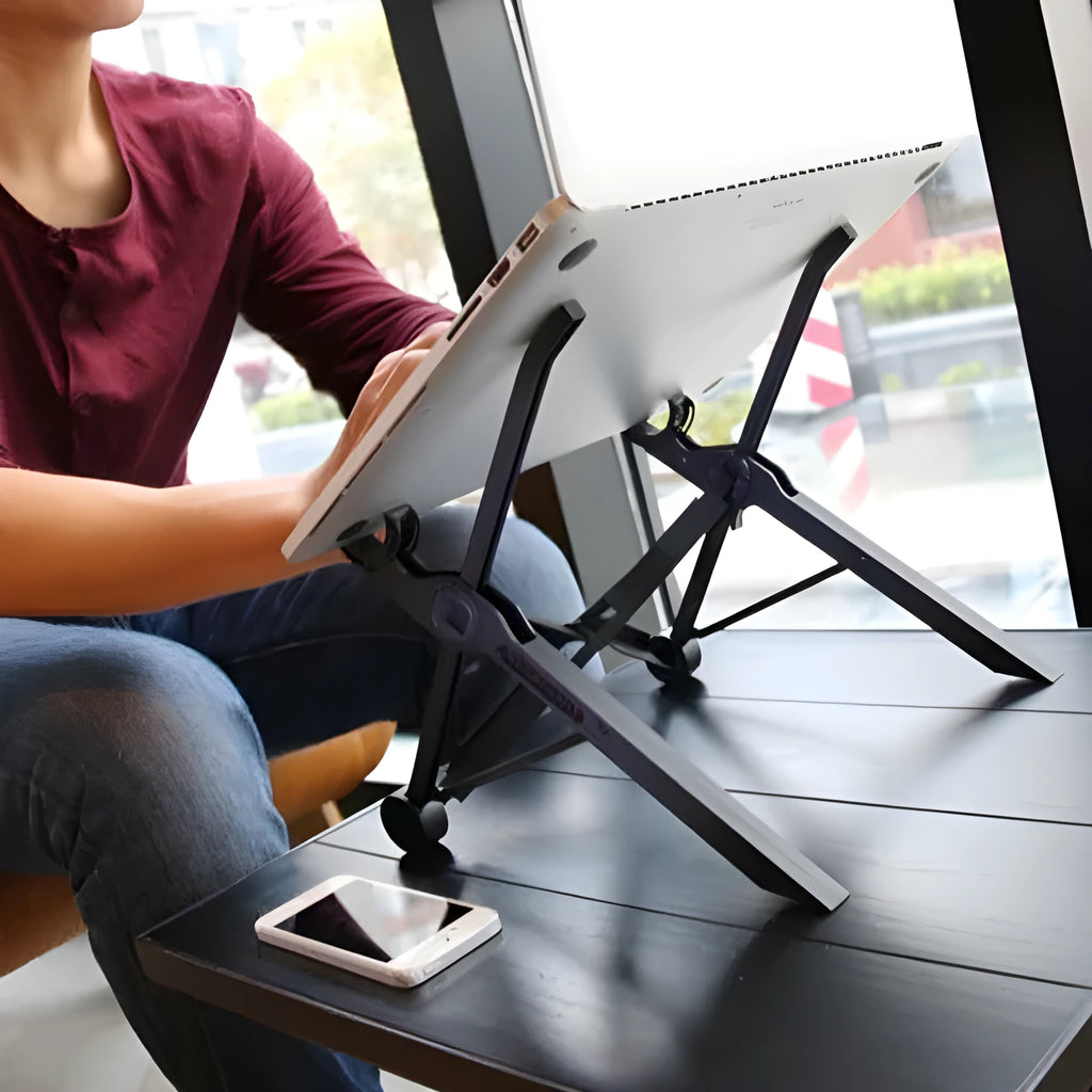 Sagacious black folding laptop stand with enhanced nylon construction showing portable design