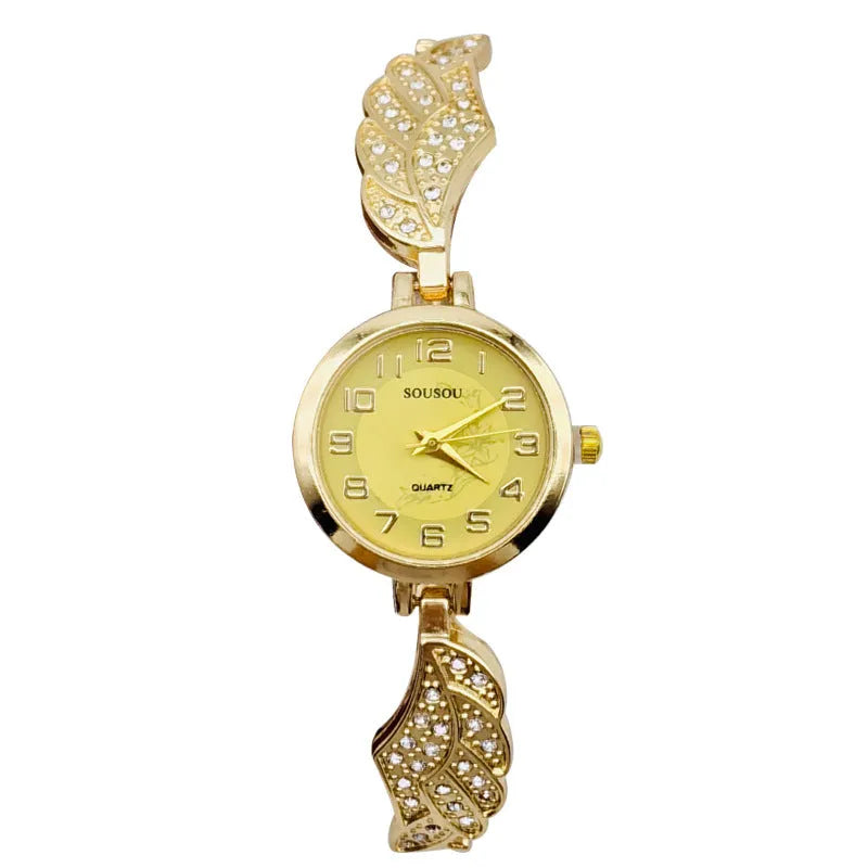 Ladies stainless steel watch with round dial and 9mm thickness in gold, black gold, or white gold