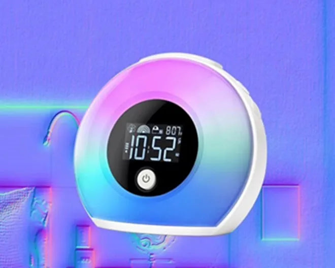 Digital music alarm clock with VA LCD screen and five fluorescent light types, compact 130 x 120 x 75 mm