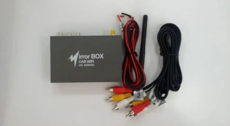 Black car mirror link box Wi-Fi converter with cables for smartphone screen mirroring to car player