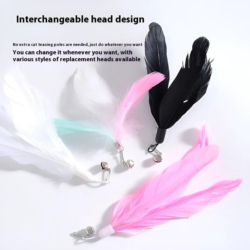 Cat teaser wand toy with suction cup holder and bell, shown in various colour and design options.