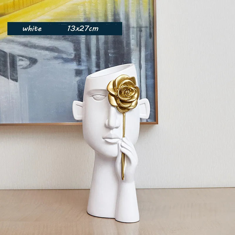 Resin twin ornament vase decoration in white with flower, modern simple style, 27cm tall