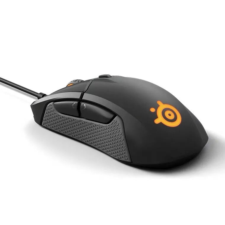 Wired mechanical gaming mouse in black with ergonomic design, 12000 DPI sensor, and USB cable