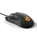 Wired mechanical gaming mouse in black with ergonomic design, 12000 DPI sensor, and USB cable