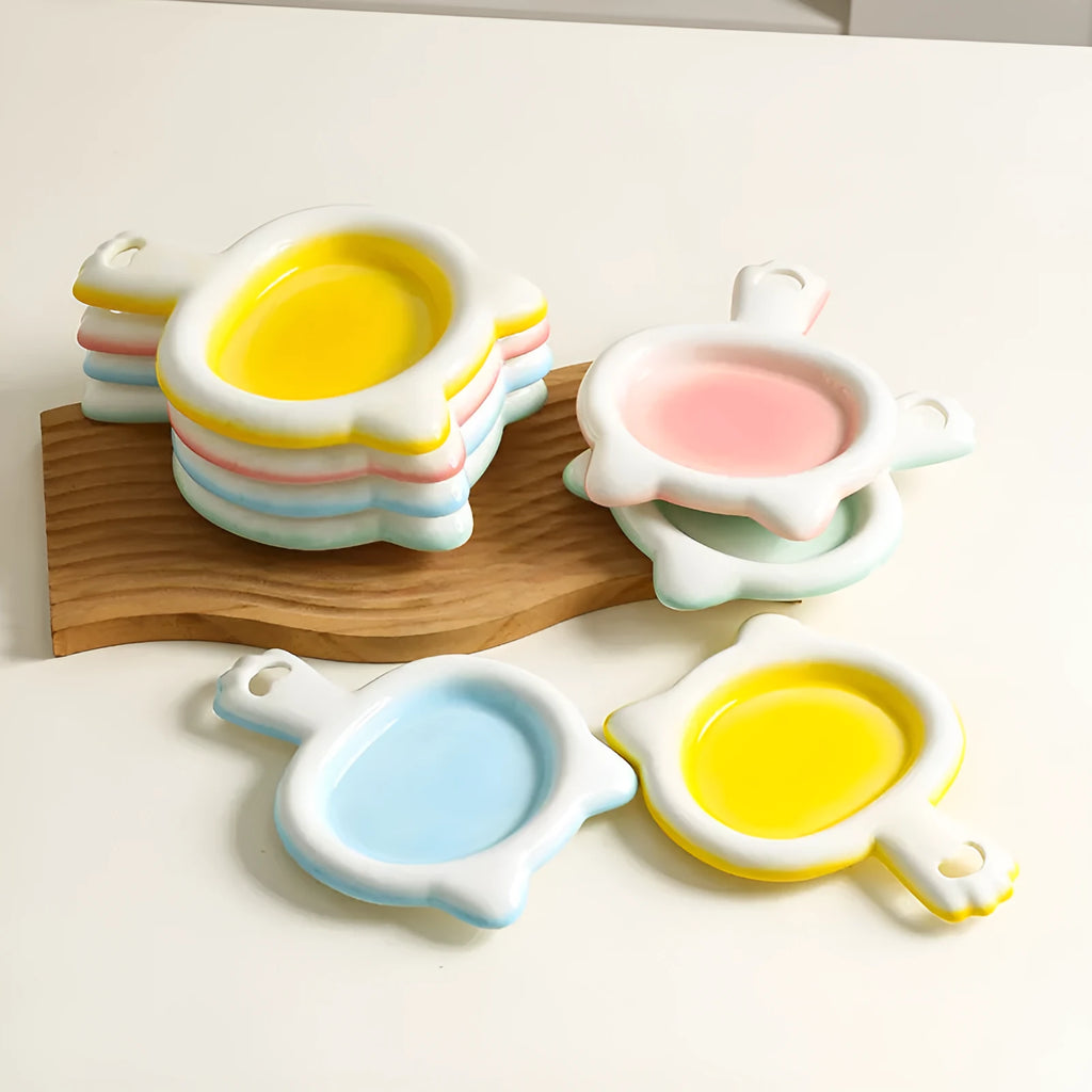 Ceramic cat bowl and plate set in blue, green, pink, or yellow with non-slip bottom
