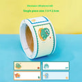 Roll of cartoon name stickers with dinosaur, astronaut, rabbit and girl design options