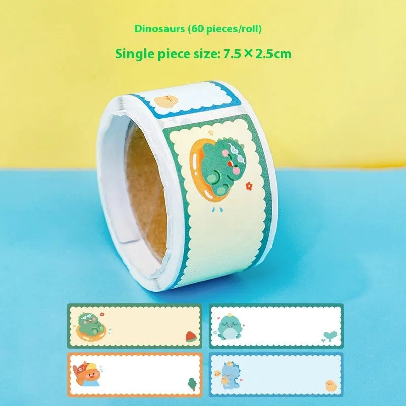 Roll of cartoon name stickers with dinosaur, astronaut, rabbit and girl design options