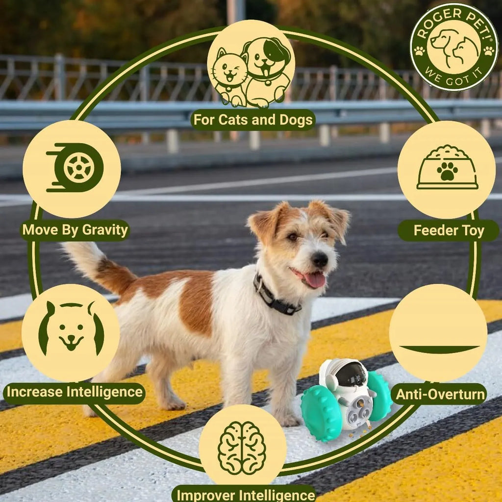 Robot design dog treat dispenser toy with roller mechanism in five colour options