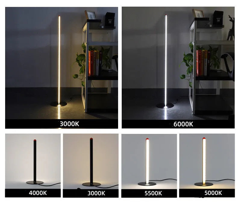 Vertical aluminium alloy floor lamp in modern simple style beside sofa