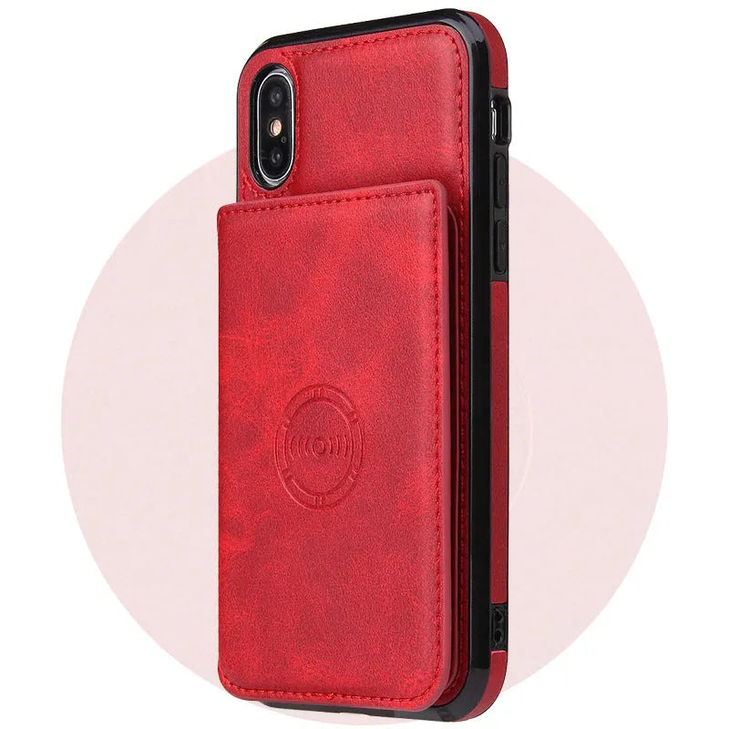 Synthetic leather back cover phone case with card wallet slot for iPhone, shown in multiple colour options.