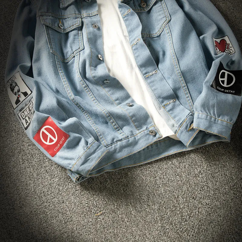 Blue loose-fit denim jacket with lapel collar and multiple pockets
