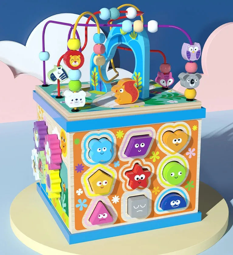Blue wooden bead treasure box toy with multiple play scenes for babies and children
