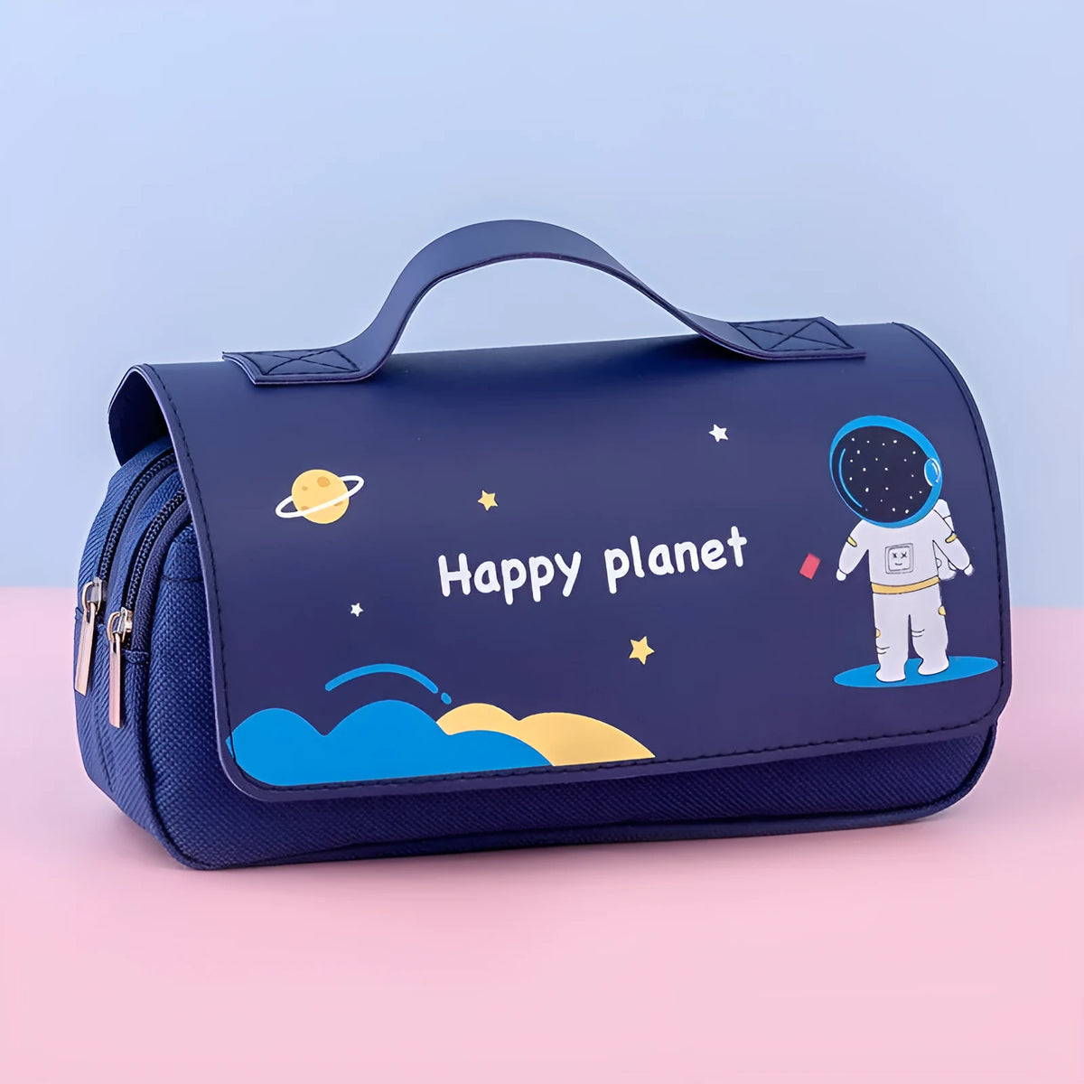 Large-capacity canvas pencil case with hand-painted planet design in multicolour, square 21x10cm, isolated on surface
