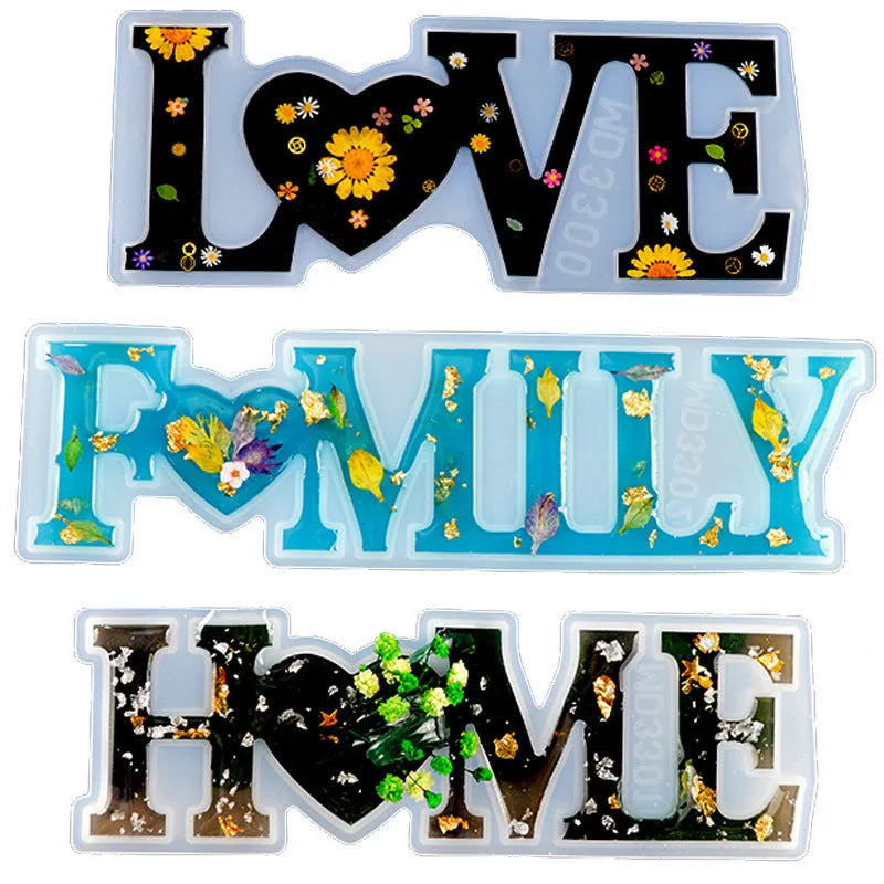 Flexible silicone epoxy mould showing raised letters for words love, home, family, live, hello, blessed.