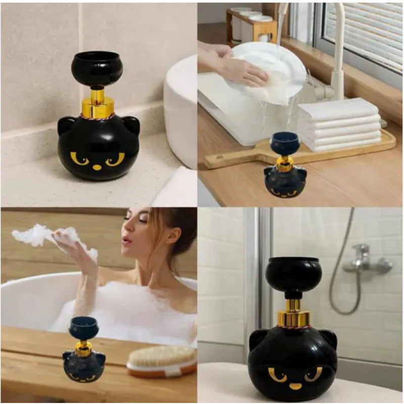 Black plastic cartoon cat-shaped soap dispenser measuring 10x18cm with manual pump