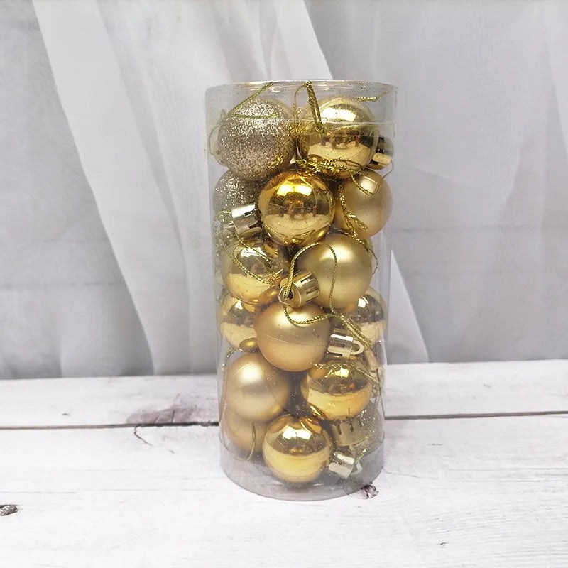 Assortment of 3cm shiny matte Christmas ball decorations in gold, red, silver, blue, and pink colours.