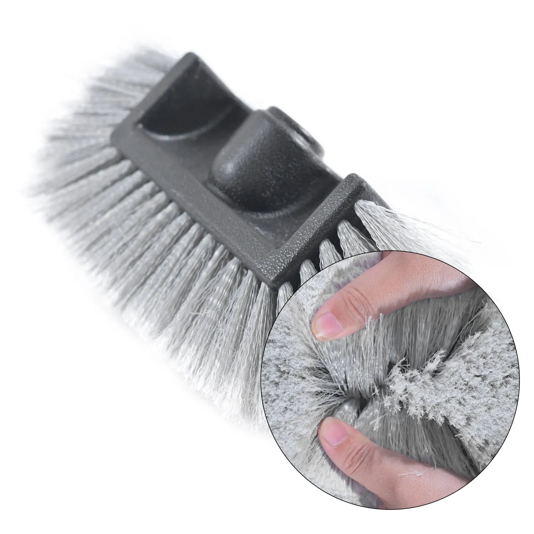 Portable car wash brush with telescopic rod and removable flow-through brush head in multiple colour options