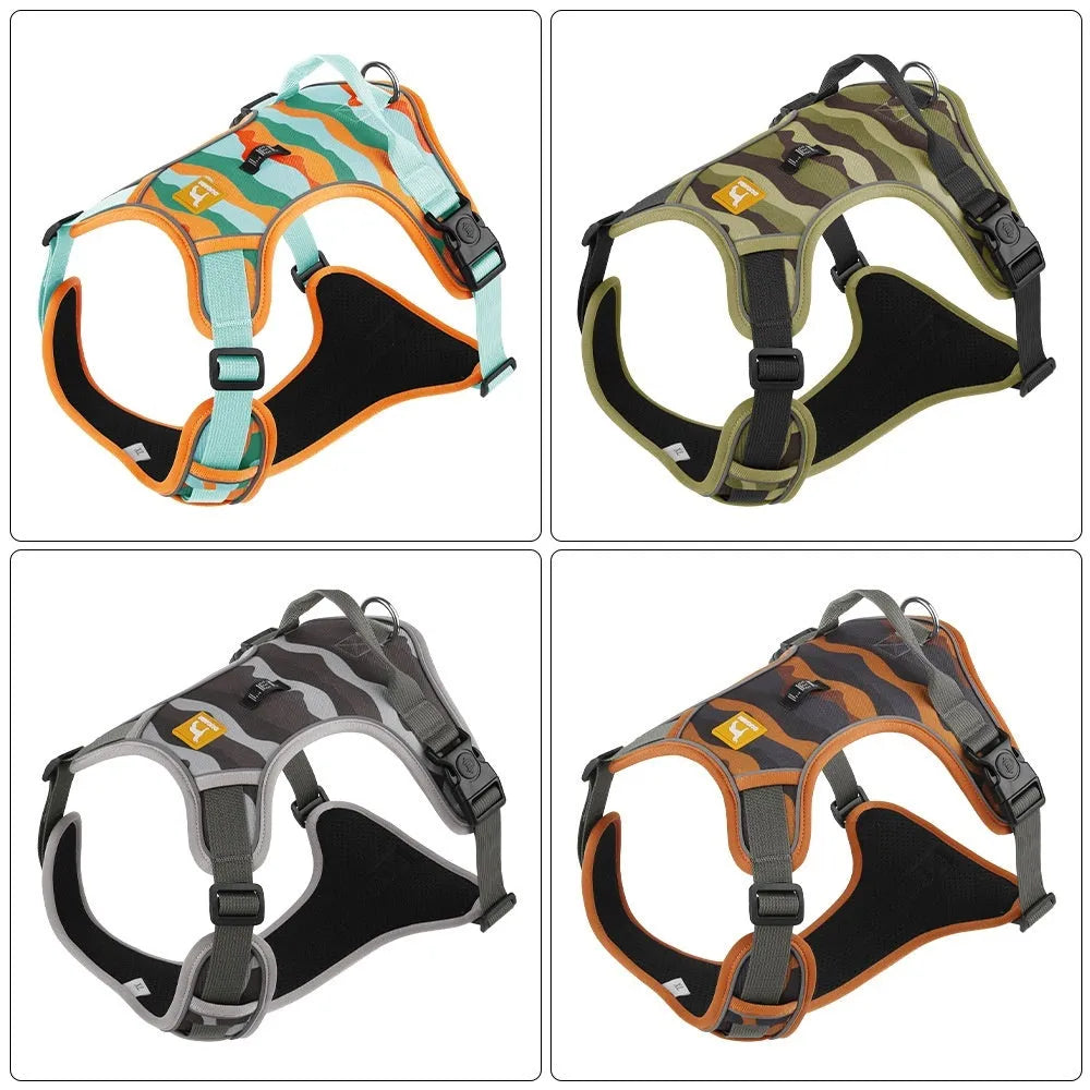 Orange reflective dog walking rope with chest and back harness design on Oxford cloth