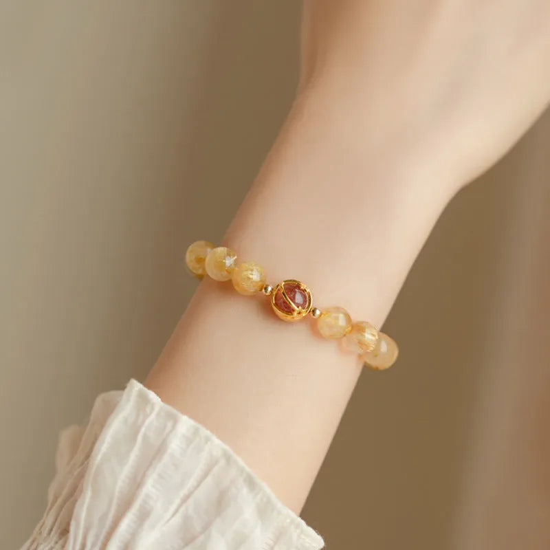 Citrine natural crystal bracelet with gold rutilated quartz beads in diamond cut
