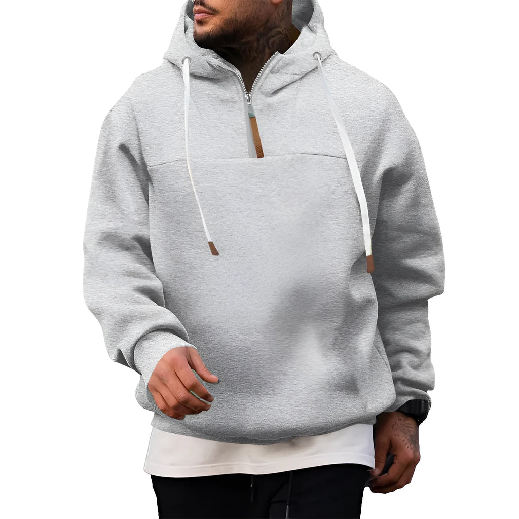 Men's heavy fleece-lined half-zip hooded sweatshirt in solid colour with zip front and hood