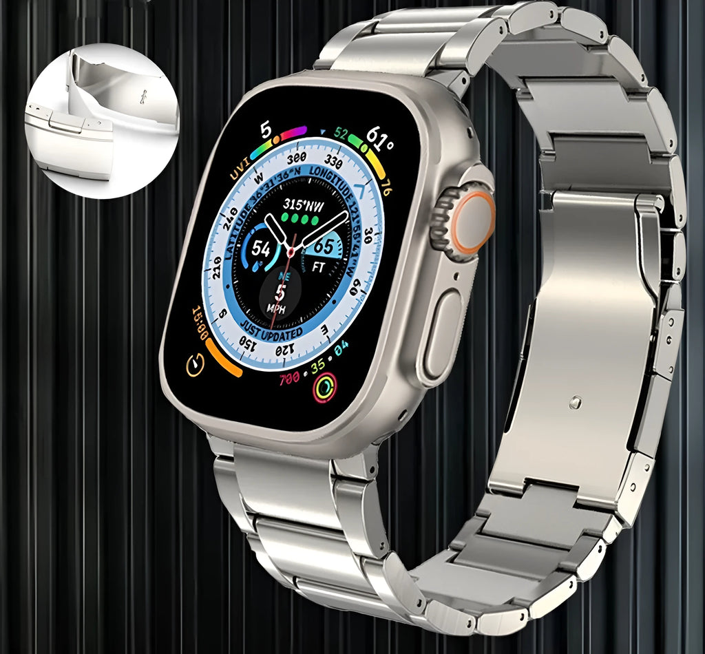 Titanium alloy Apple Watch replacement strap with folding buckle in black or silver