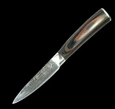 7Cr17 stainless steel kitchen knife with laser Damascus pattern blade and coloured wood handle